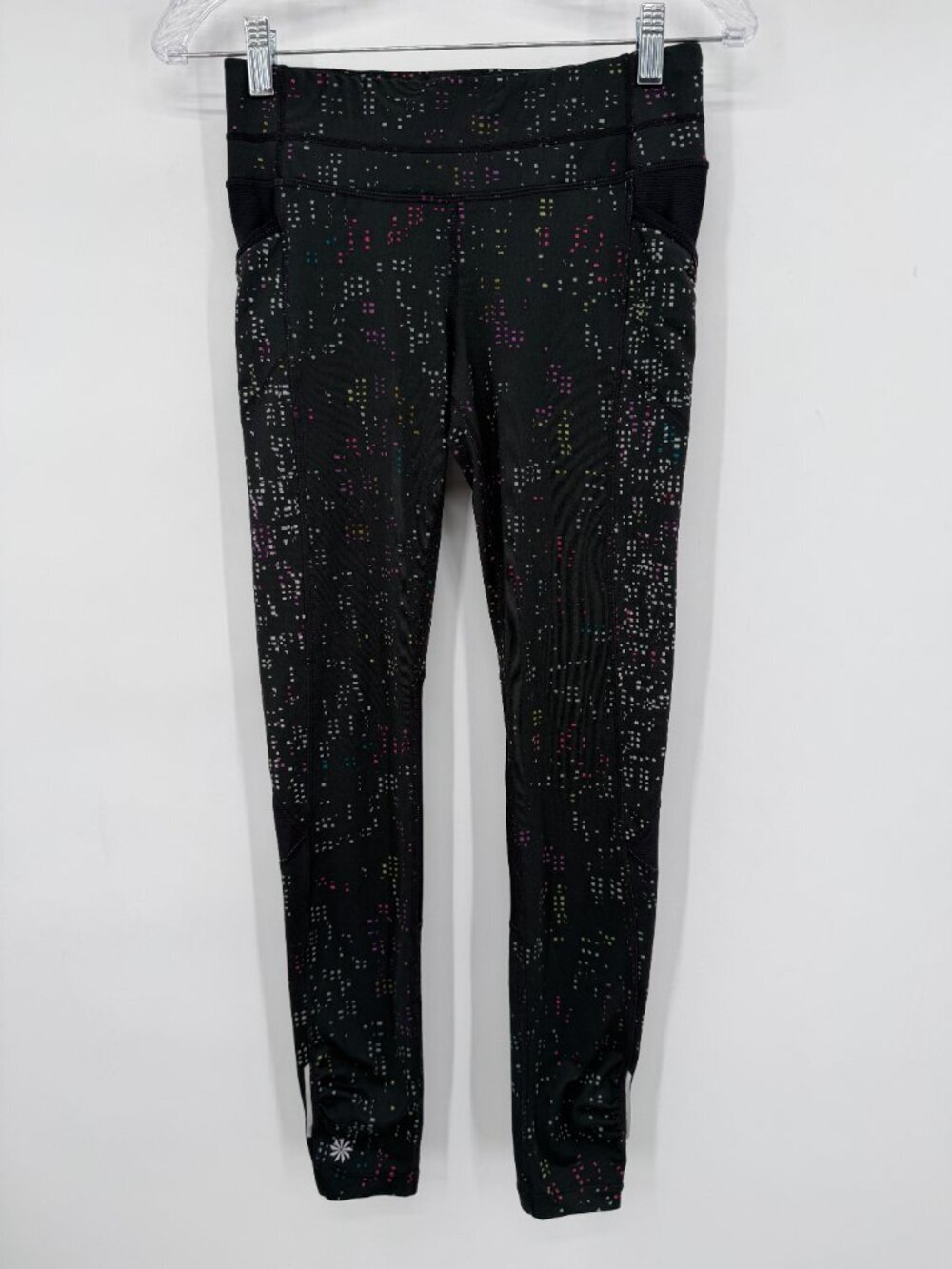 Athleta XS Black Printed Running Leggings Side Pockets Zip Pocket